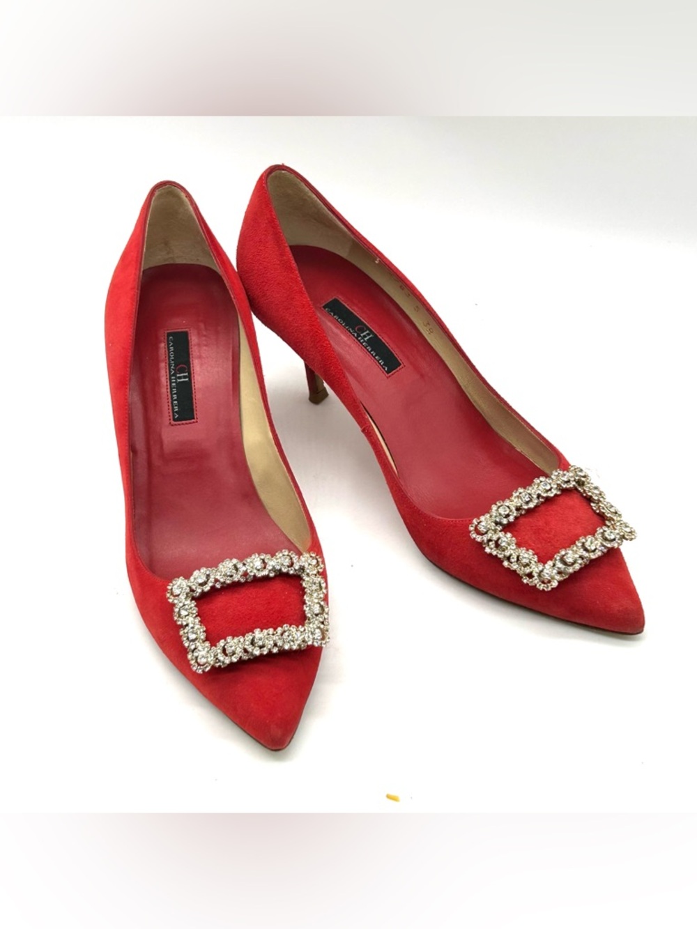 Carolina Herrera Red Suede Heels Pumps Shoes Crystal Sz 38